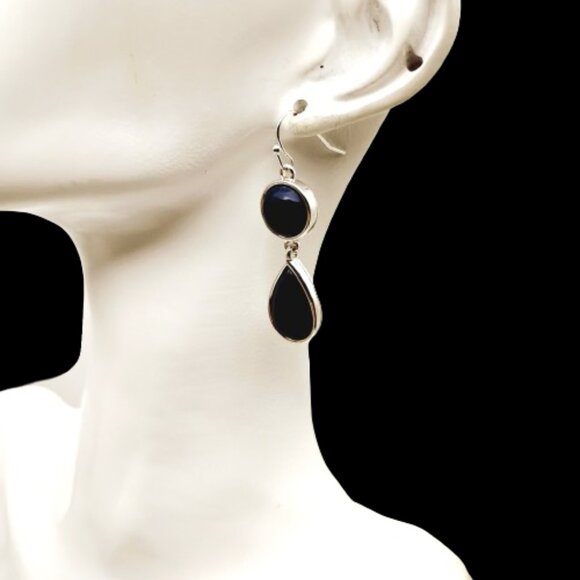 Liz Claiborne Two-tier Drop-Dangle Earrings Deep Navy Silver-tone Bezel - Picture 3 of 11